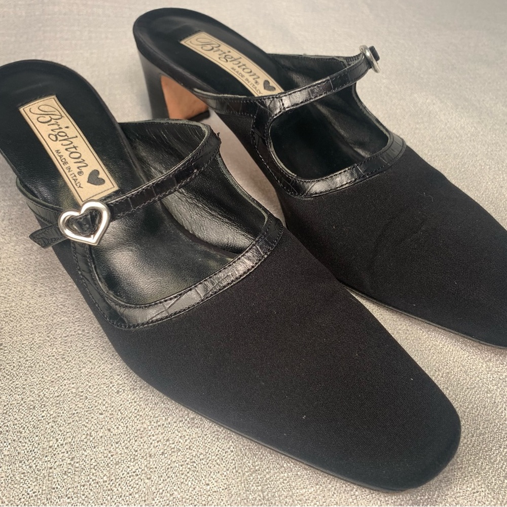 Vintage Brighton black Italian leather & silk heels w/ silver heart buckle